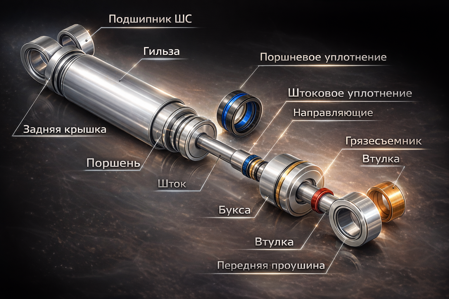 Гидроцилиндр в разрезе с установленными уплотнениями
